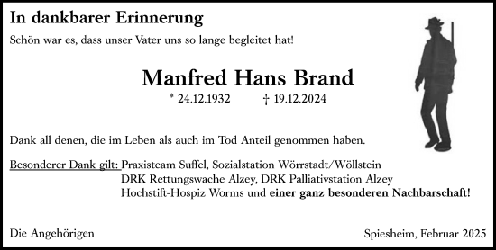 Traueranzeige von Manfred Hans Brand von Allgemeine Zeitung Alzey