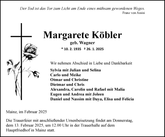Traueranzeige von Margarete Köbler von Allgemeine Zeitung Mainz