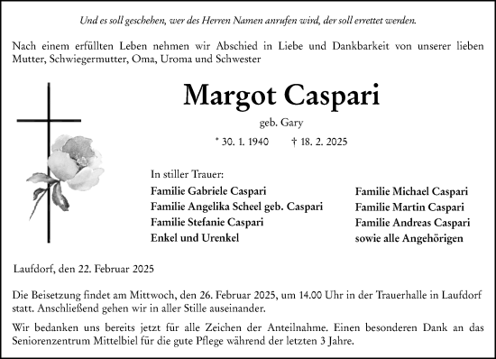 Traueranzeige von Margot Caspari von Wetzlarer Neue Zeitung