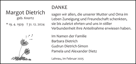 Traueranzeige von Margot Dietrich von Wetzlarer Neue Zeitung