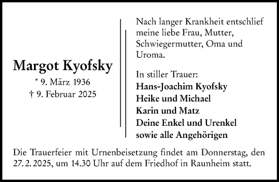 Traueranzeige von Margot Kyofsky von Rüsselsheimer Echo