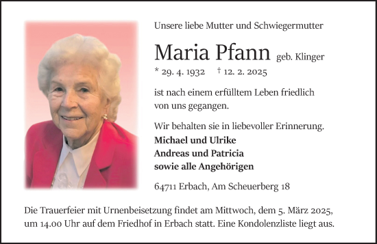 Traueranzeige von Maria Pfann von Odenwälder Echo