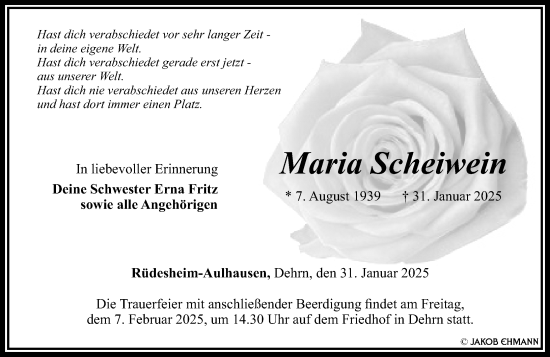 Traueranzeige von Maria Scheiwein von Nassauische Neue Presse