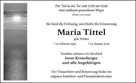 Traueranzeige von Maria Tittel von Wiesbadener Kurier