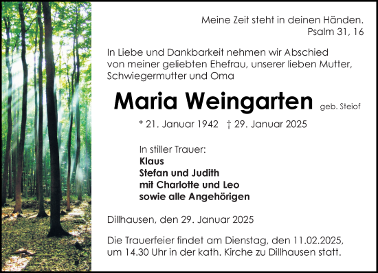 Traueranzeige von Maria Weingarten von Weilburger Tageblatt