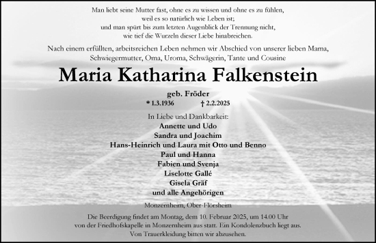 Traueranzeige von Maria Katharina Falkenstein von Wormser Zeitung