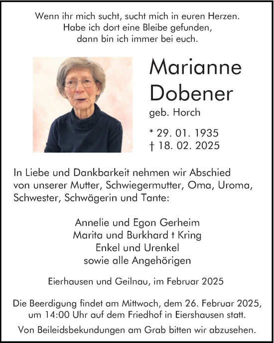 Traueranzeige von Marianne Dobener von Dill Block