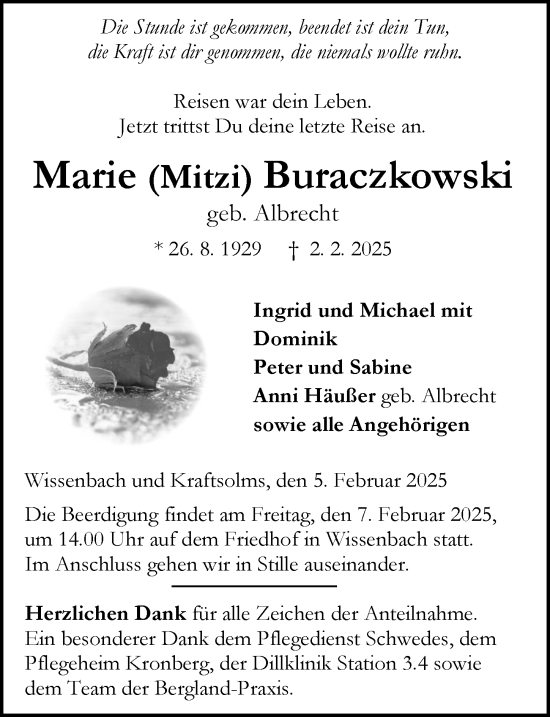 Traueranzeige von Marie Buraczkowski von Dill Block