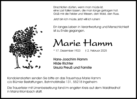 Traueranzeige von Marie Hamm von Allgemeine Zeitung Mainz