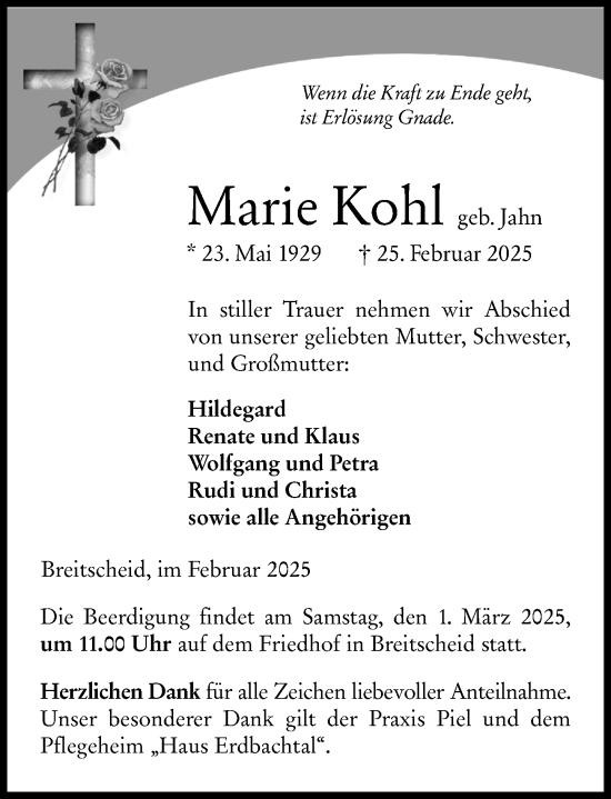 Traueranzeige von Marie Kohl von Dill Block
