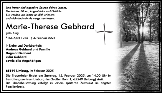 Traueranzeige von Marie-Therese Gebhard von Nassauische Neue Presse