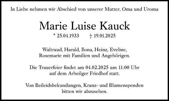 Traueranzeige von Marie Luise Kauck von Darmstädter Echo