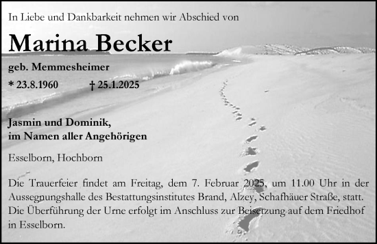 Traueranzeige von Marina Becker von Allgemeine Zeitung Alzey