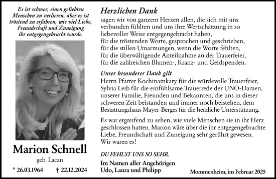 Traueranzeige von Marion Schnell von Allgemeine Zeitung Mainz
