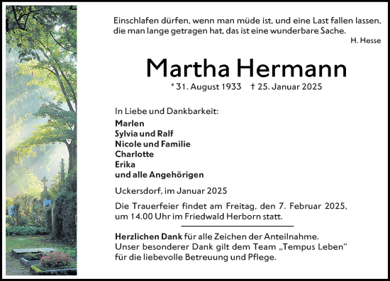 Traueranzeige von Martha Hermann von Dill Block