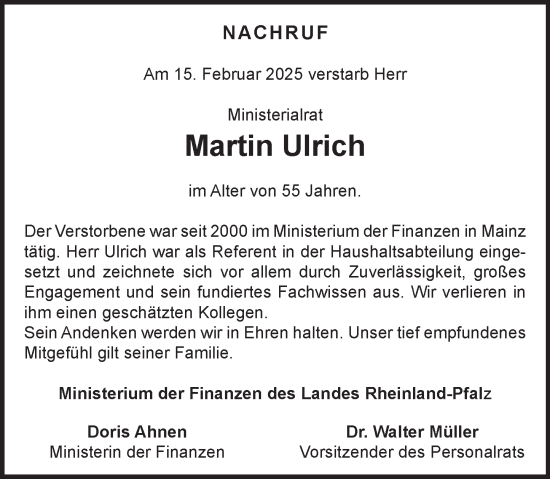 Traueranzeige von Martin Ulrich von Allgemeine Zeitung Mainz
