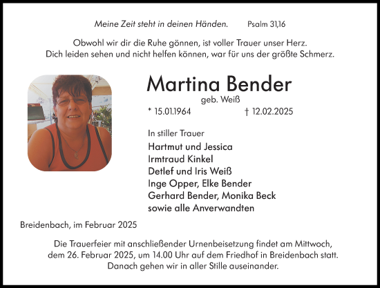 Traueranzeige von Martina Bender von Hinterländer Anzeiger