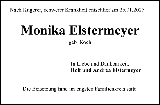 Traueranzeige von Monika Elstermeyer von Allgemeine Zeitung Mainz