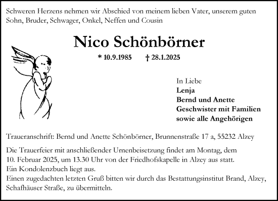 Traueranzeige von Nico Schonborner von Allgemeine Zeitung Alzey