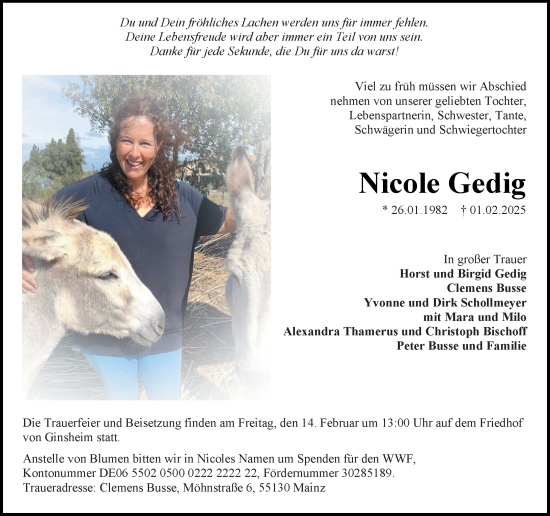 Traueranzeige von Nicole Gedig von Allgemeine Zeitung Mainz