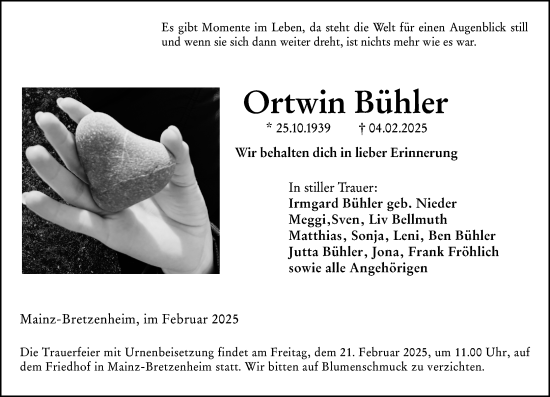 Traueranzeige von Ortwin Bühler von Allgemeine Zeitung Mainz