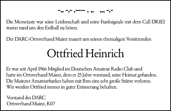 Traueranzeige von Ottfried Heinrich von Allgemeine Zeitung Mainz