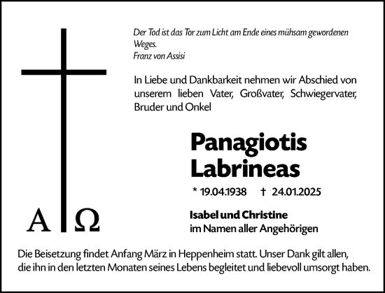 Traueranzeige von Panagiotis Labrineas von Starkenburger Echo