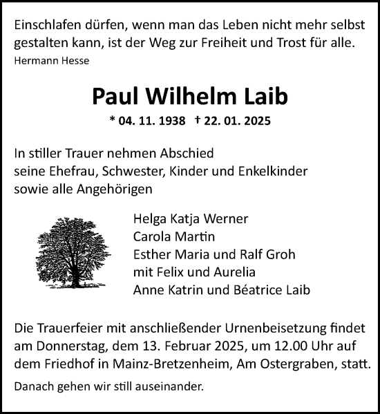 Traueranzeige von Paul Wilhelm Laib von Allgemeine Zeitung Mainz