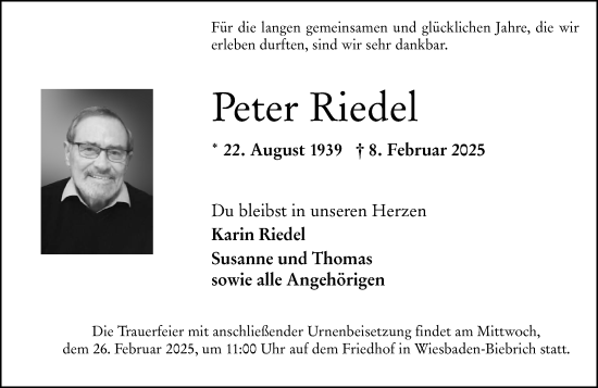 Traueranzeige von Peter Riedel von Wiesbadener Kurier