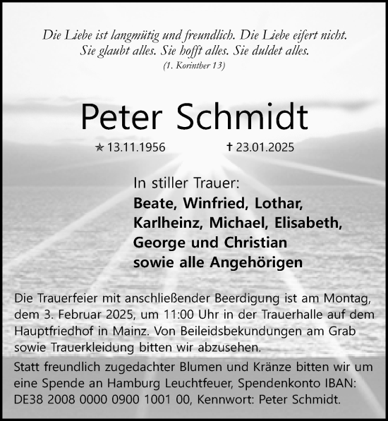 Traueranzeige von Peter Schmidt von Allgemeine Zeitung Mainz