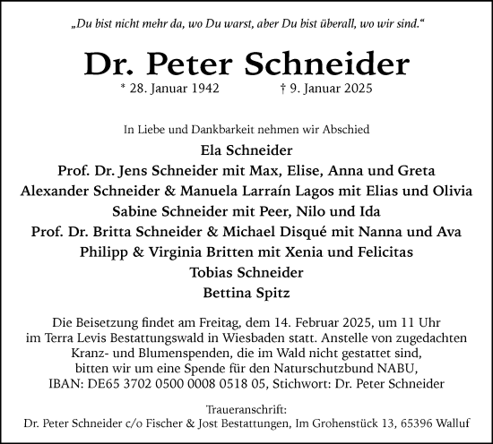Traueranzeige von Peter Schneider von Wiesbadener Kurier