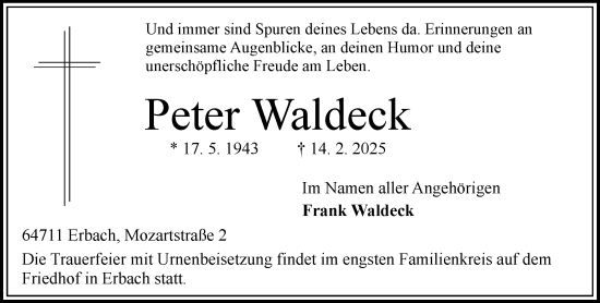 Traueranzeige von Peter Waldeck von Odenwälder Echo