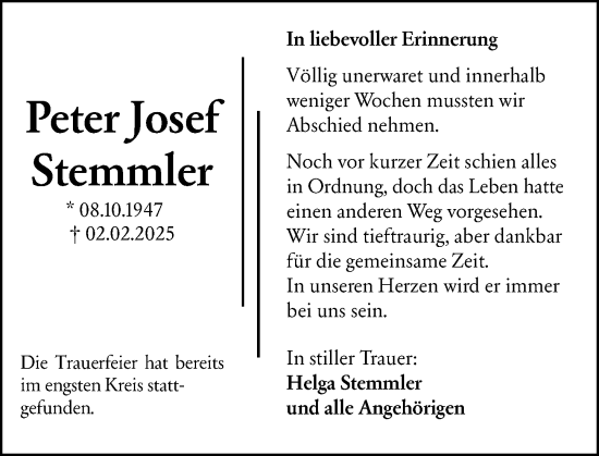 Traueranzeige von Peter Josef Stemmler von Darmstädter Echo