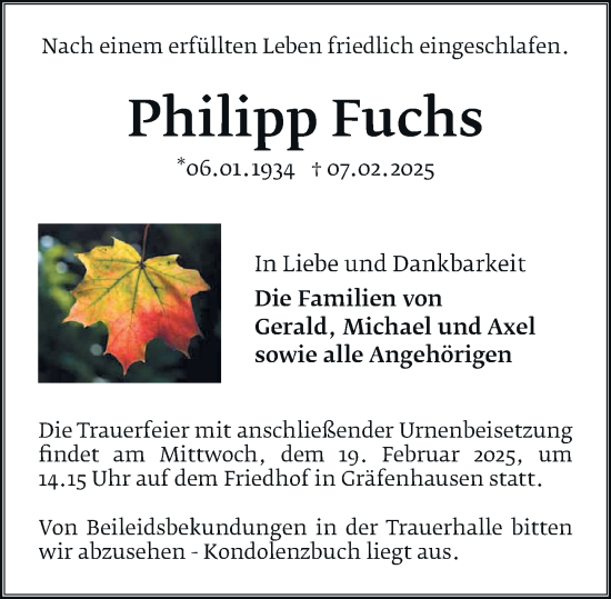 Traueranzeige von Philipp Fuchs von Darmstädter Echo