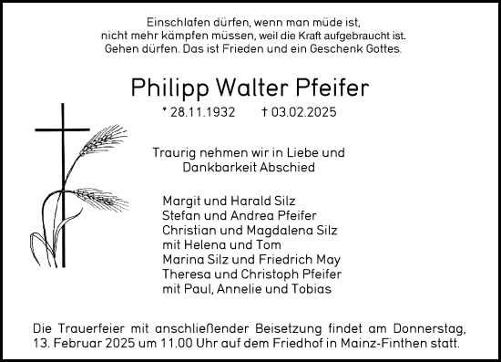 Traueranzeige von Philipp Walter Pfeifer von Allgemeine Zeitung Mainz