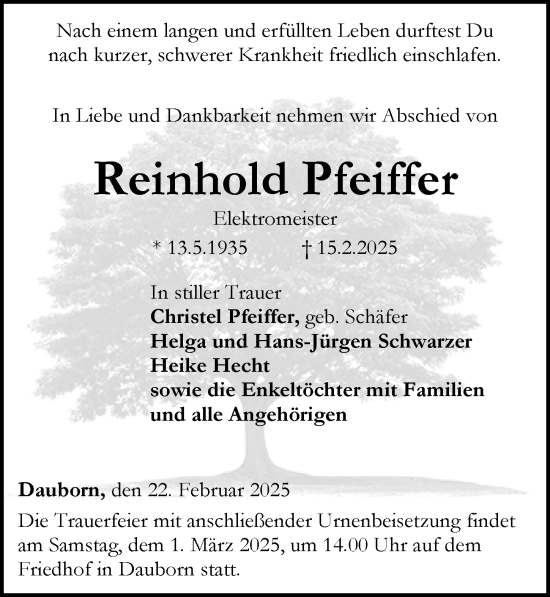 Traueranzeige von Reinhold Pfeiffer von Nassauische Neue Presse