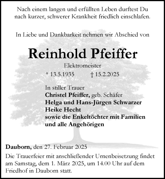 Traueranzeige von Reinhold Pfeiffer von Camberger Anzeiger