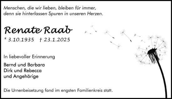 Traueranzeige von Renate Raab von Rüsselsheimer Echo