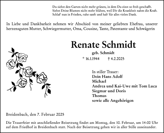 Traueranzeige von Renate Schmidt von Hinterländer Anzeiger