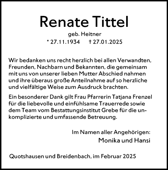 Traueranzeige von Renate Tittel von Hinterländer Anzeiger