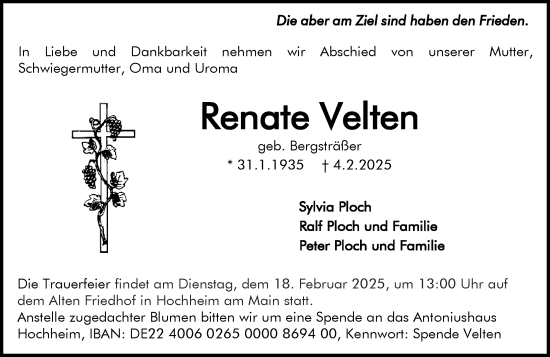 Traueranzeige von Renate Velten von Hochheimer Zeitung