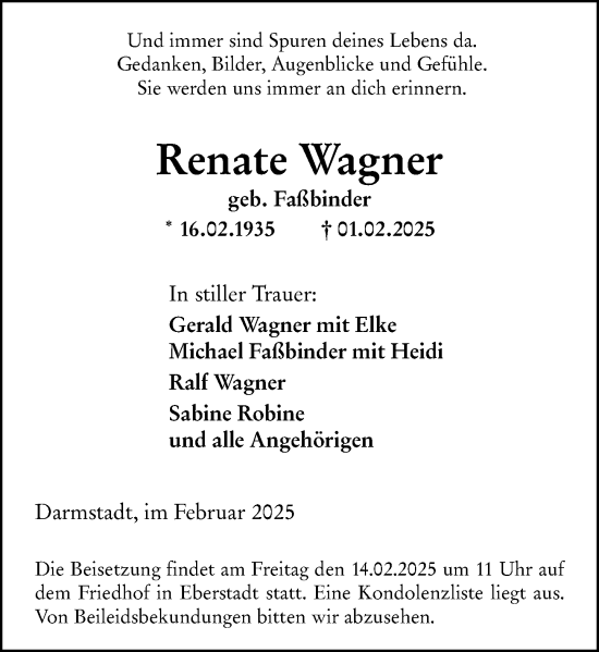Traueranzeige von Renate Wagner von Darmstädter Echo