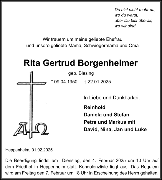 Traueranzeige von Rita Gertrud Borgenheimer von Starkenburger Echo