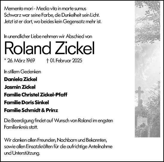 Traueranzeige von Roland Zickel von Wetzlarer Neue Zeitung