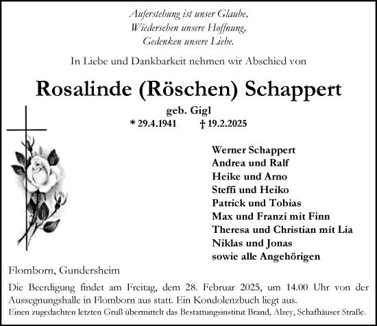 Traueranzeige von Rosalinde Schappert von Allgemeine Zeitung Alzey