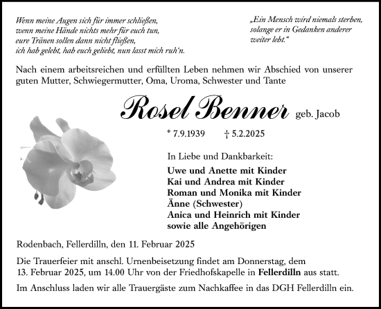 Traueranzeige von Rosel Benner von Dill Block