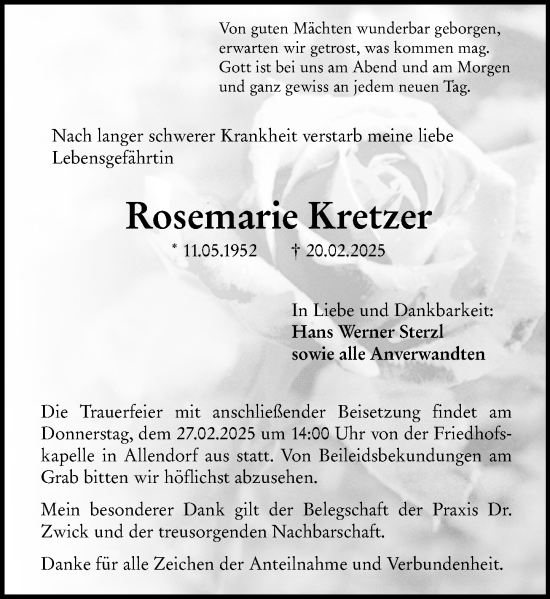 Traueranzeige von Rosemarie Kretzer von Dill Block