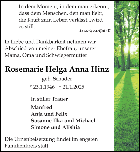 Traueranzeige von Rosemarie Helga Anna Hinz von Rüsselsheimer Echo