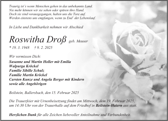 Traueranzeige von Roswitha Droß von Dill Block