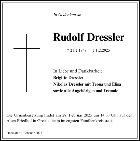Traueranzeige von Rudolf Dressler von Darmstädter Echo